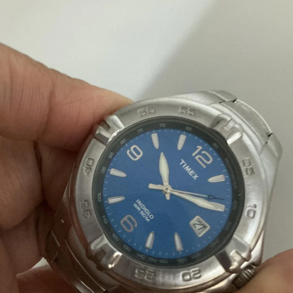 Timex Indiglo WR 50M Mens Watch 39mm Blue Dial Silver Tone Date New Battery 7